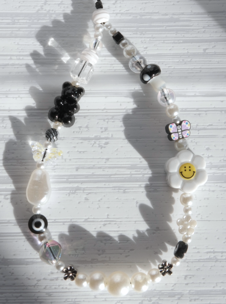 Black Smiley Beaded Phone Strap