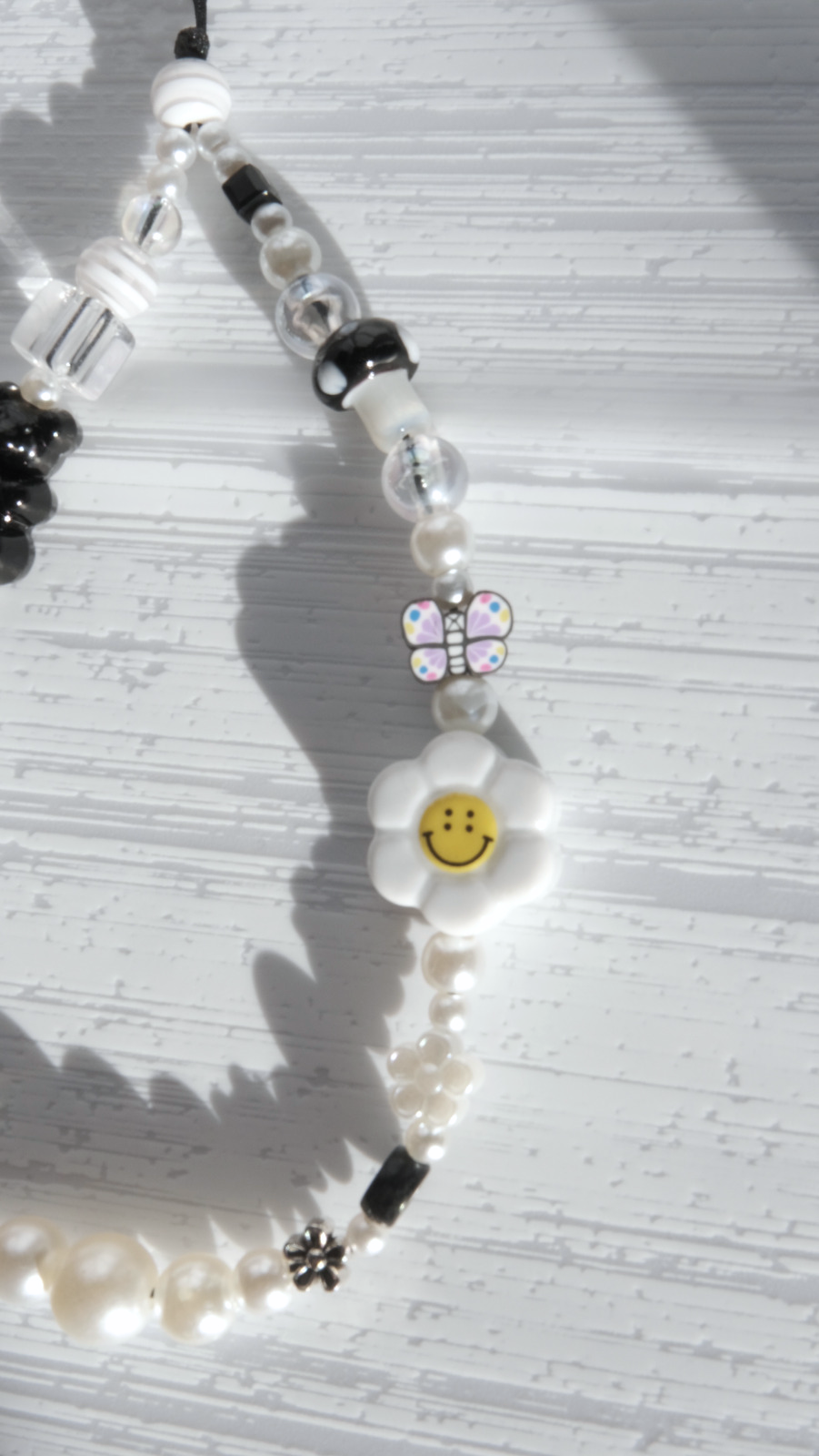 Black Smiley Beaded Phone Strap