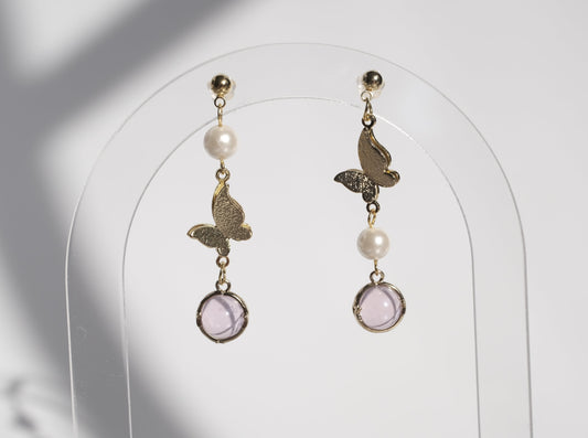 Butterfly Pearl Pink Ball Dangle Earring,Front Side