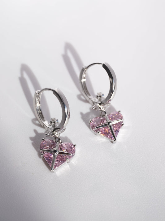 Pink Heart Dangle Earring, Front Side