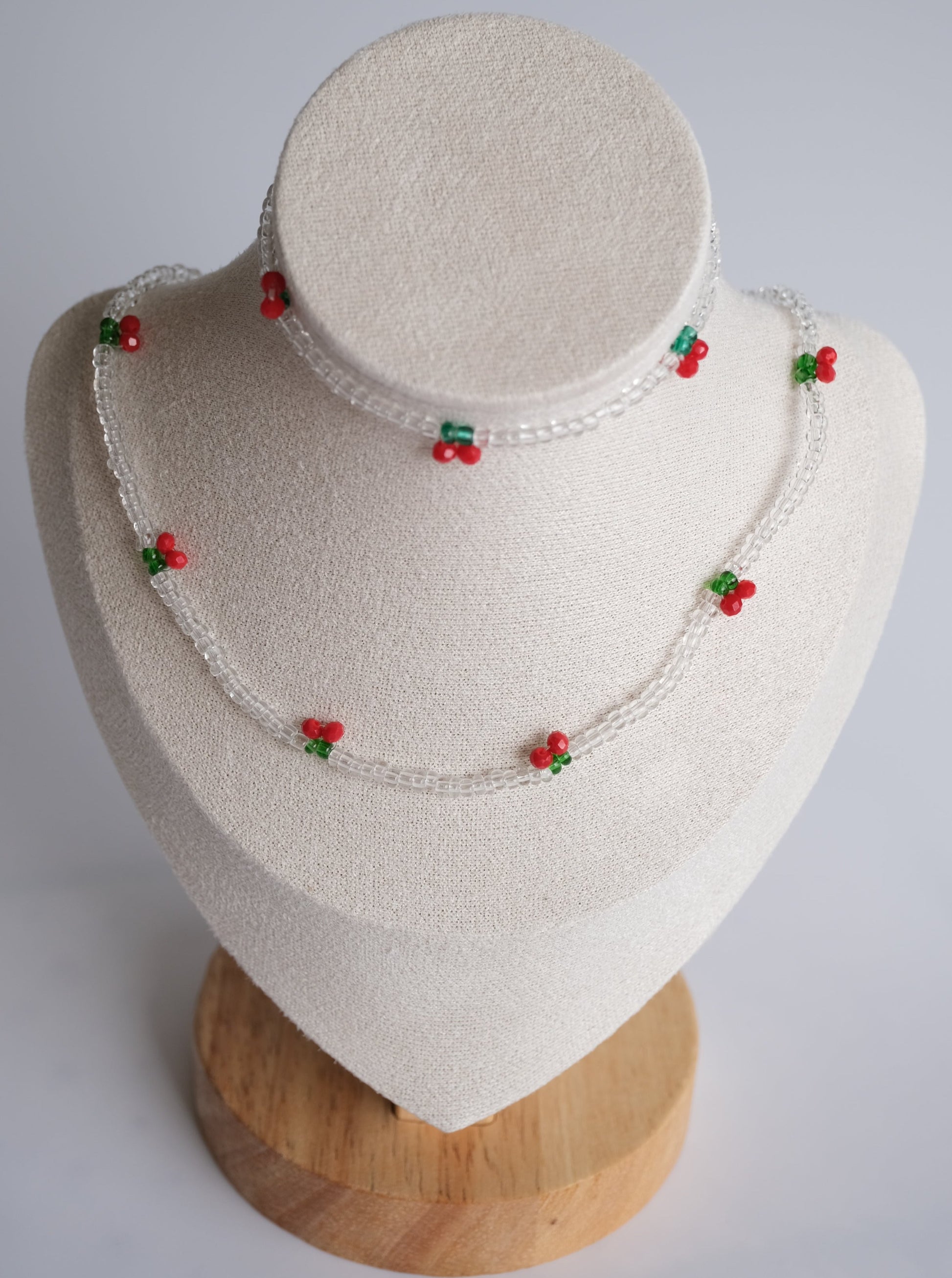 Clear Cherry Beaded Necklace and Bracelet Set, Detail