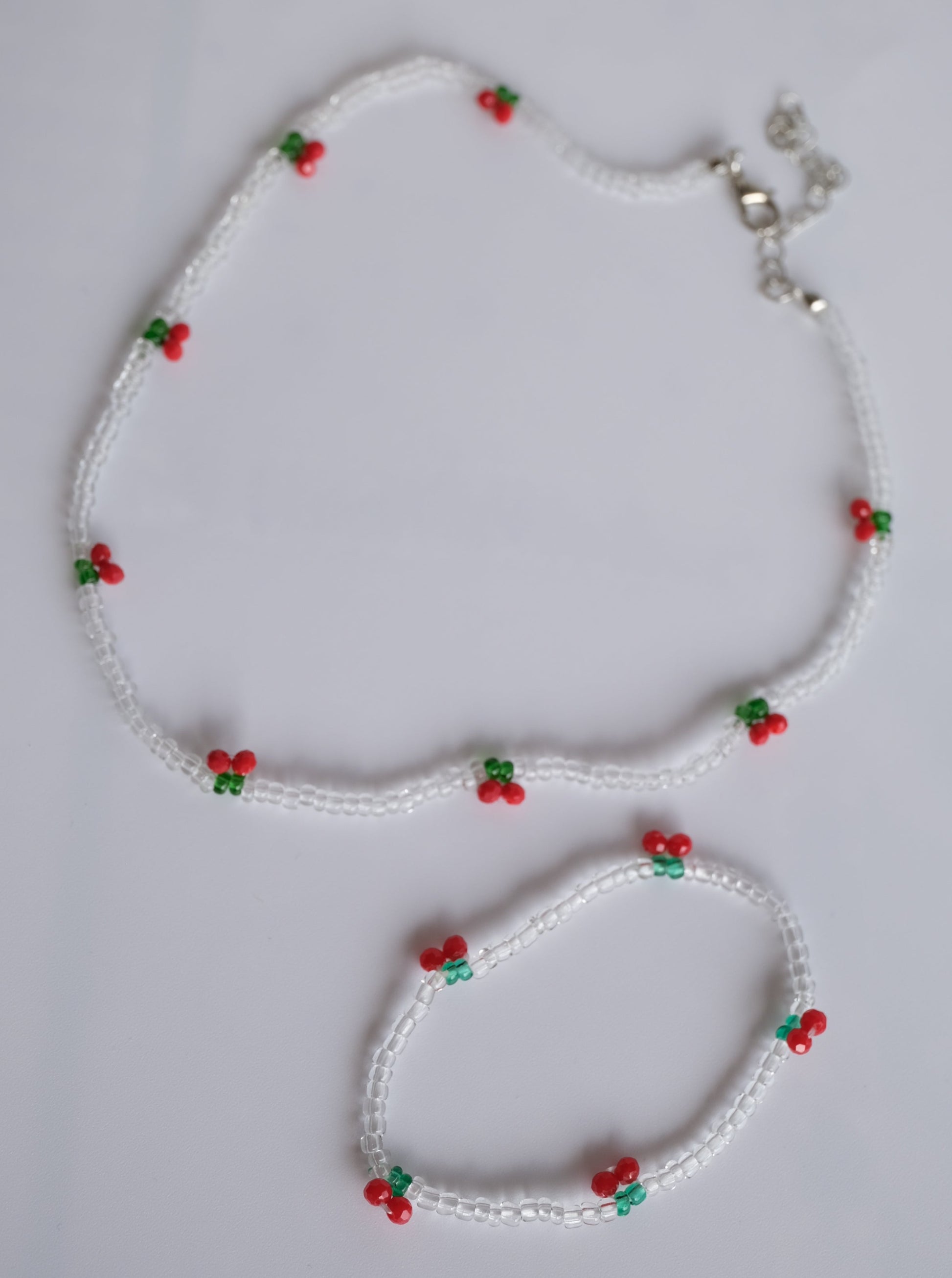 Clear Cherry Beaded Necklace and Bracelet Set, Detail