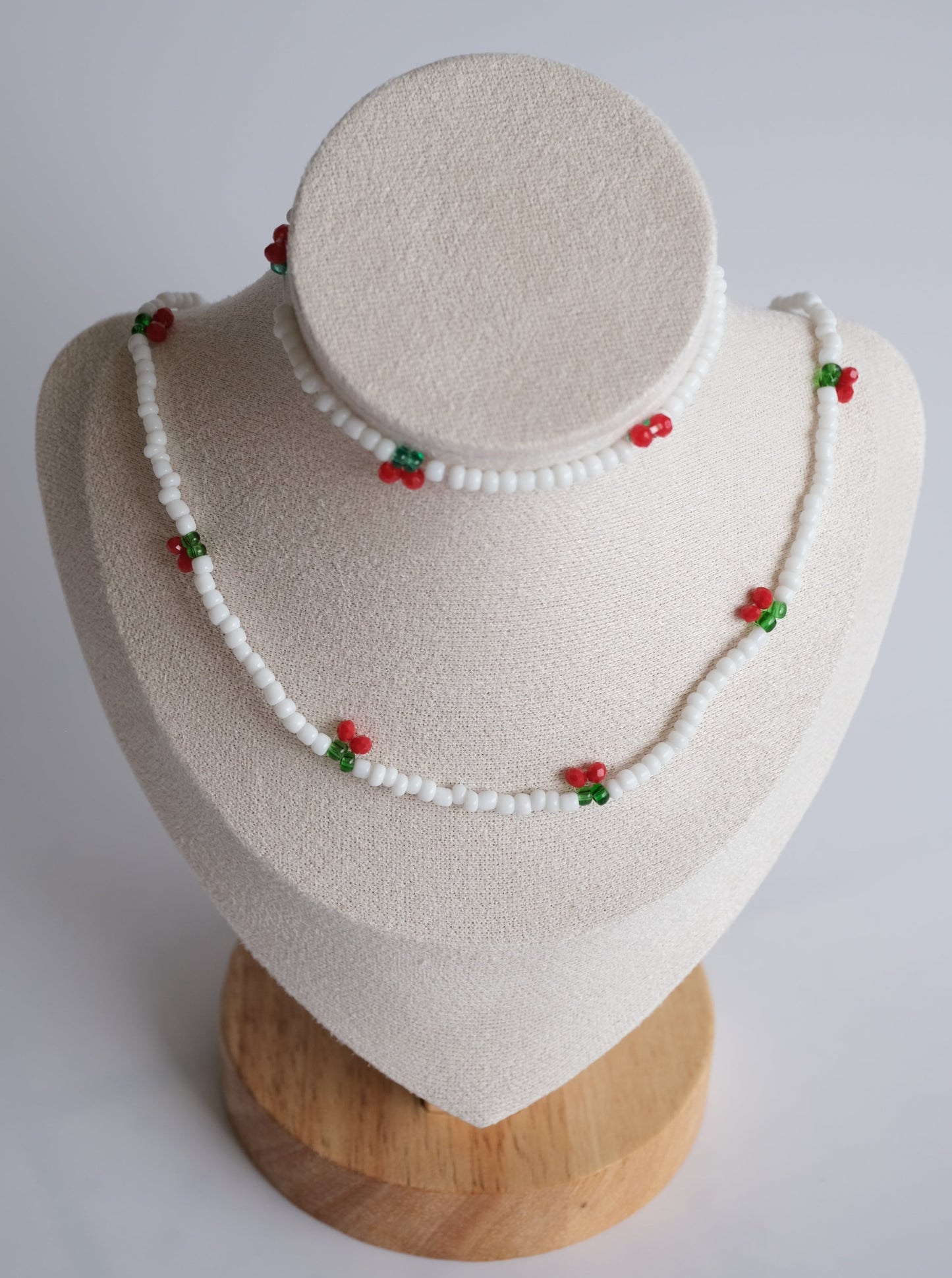 White Cherry Beaded Necklace and Bracelet Set, Front Side