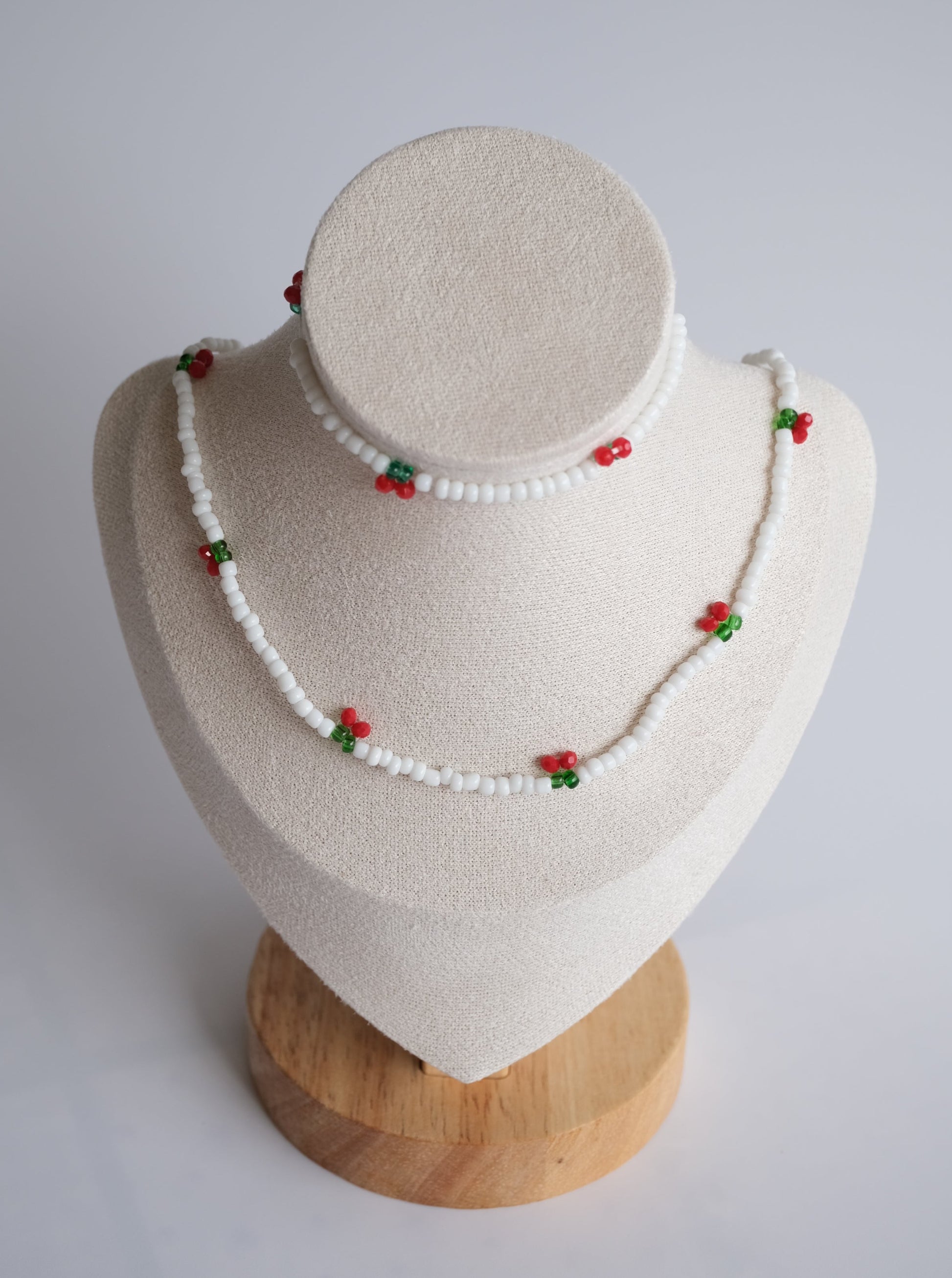 White Cherry Beaded Necklace and Bracelet Set, Front Side