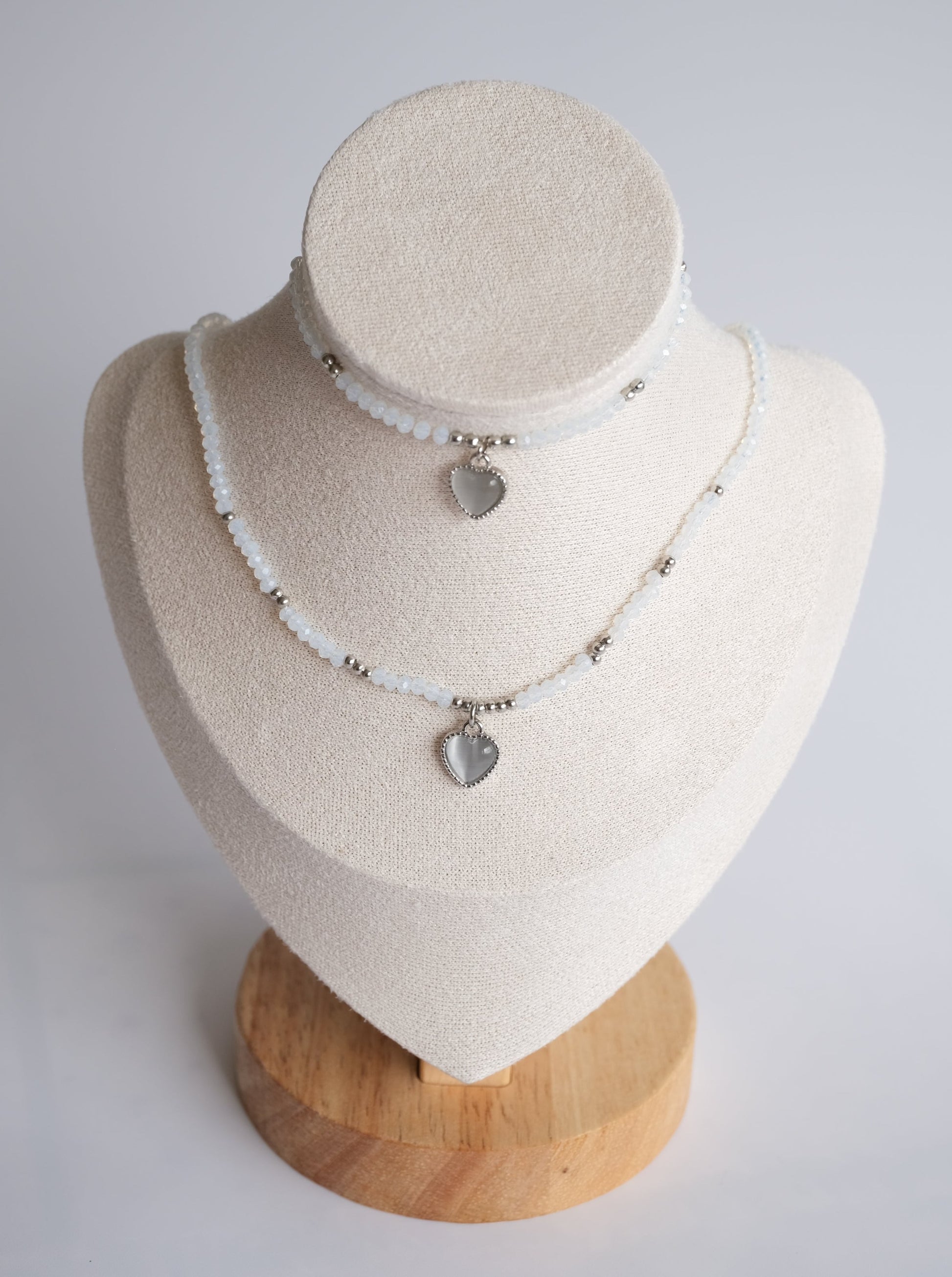 White Heart Beaded Necklace and Bracelet Set, Front Side