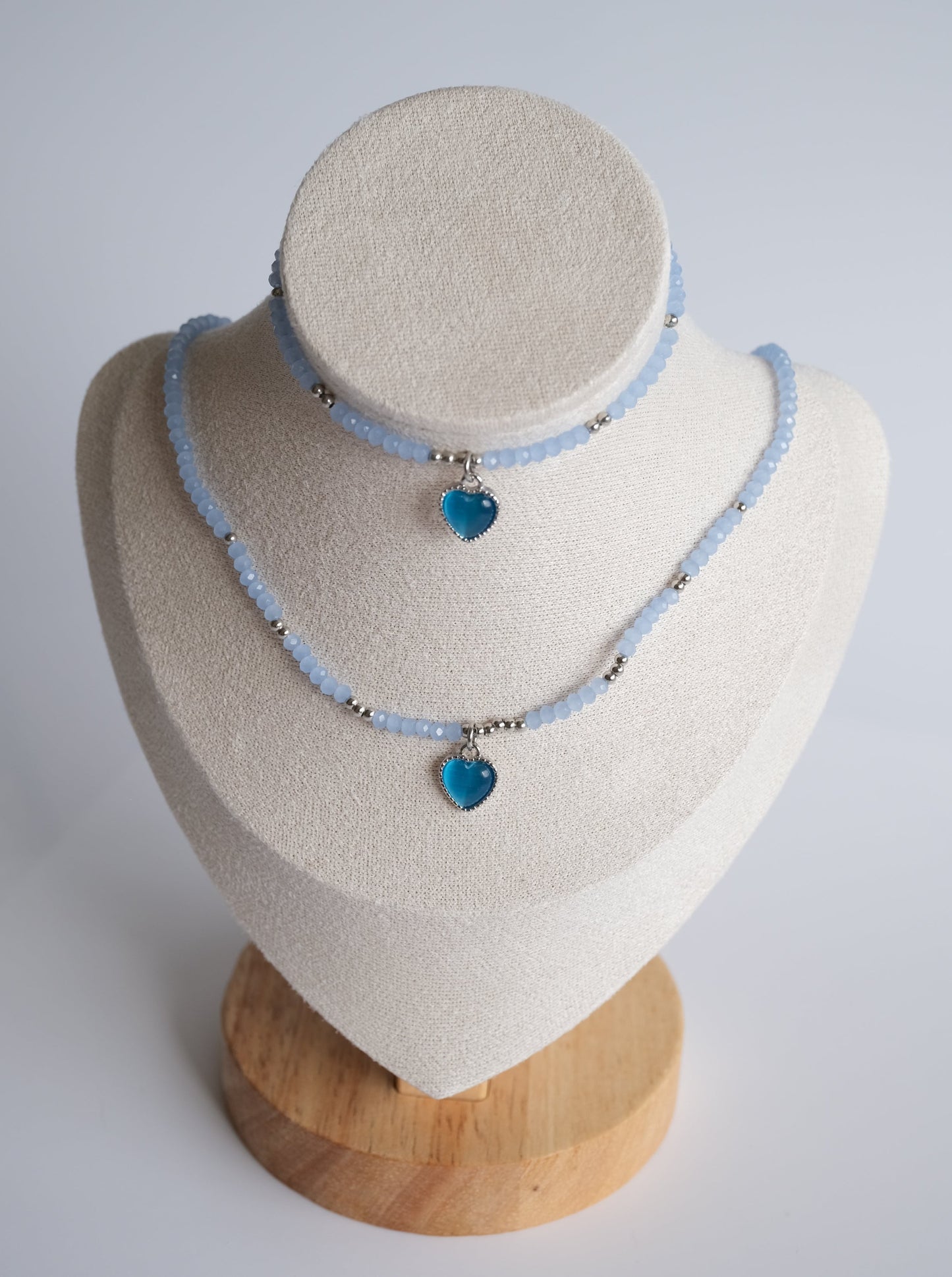 Blue Heart Beaded Necklace and Bracelet Set, Front Side