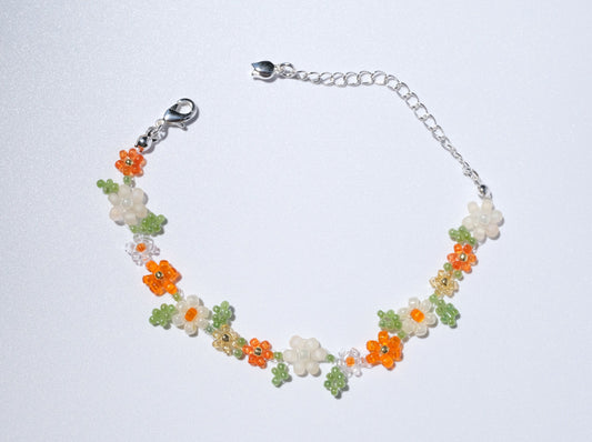 Orange Burst Flower Beaded Bracelet, Front Side